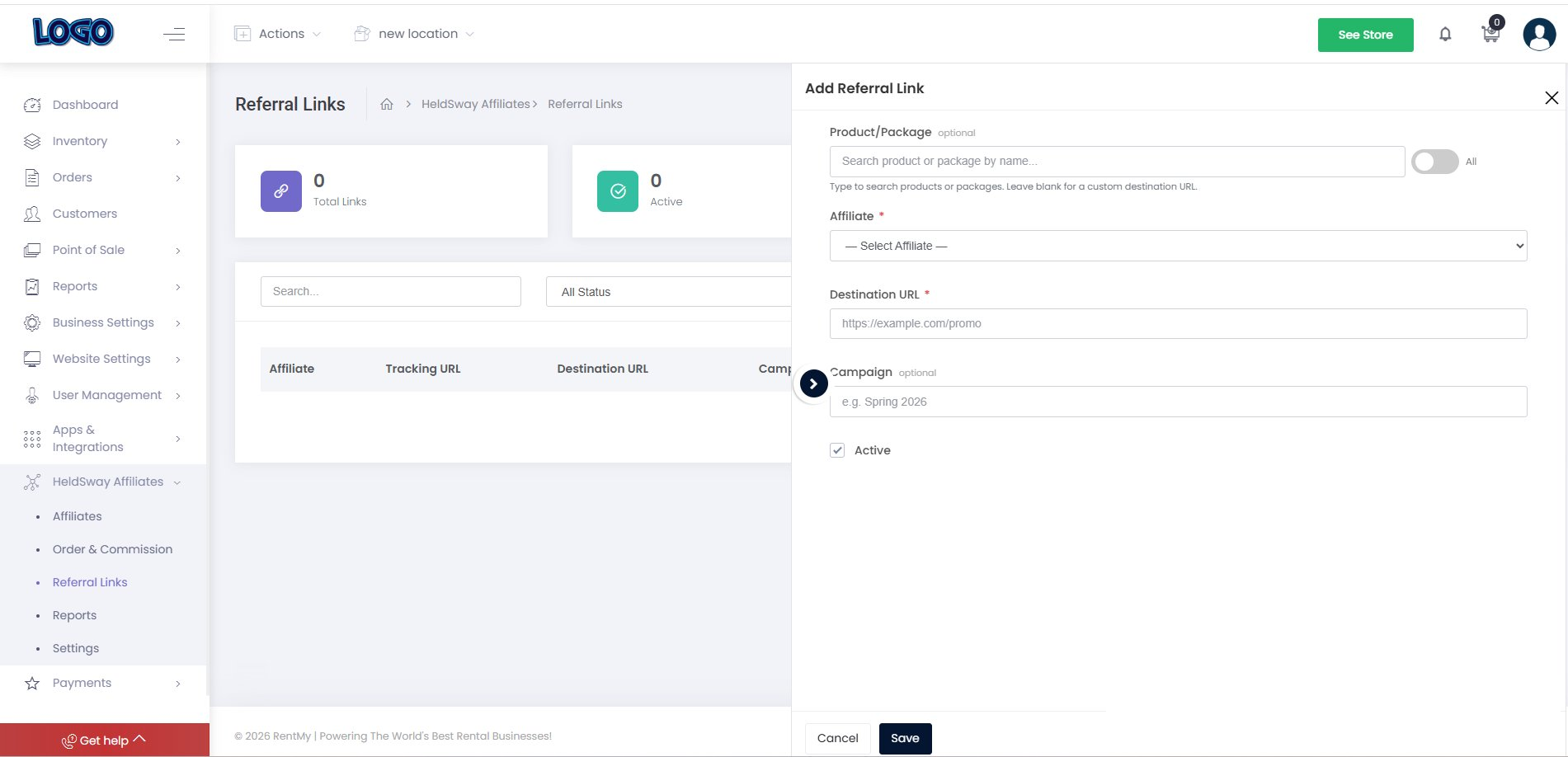 Referral Link Create/Update Window